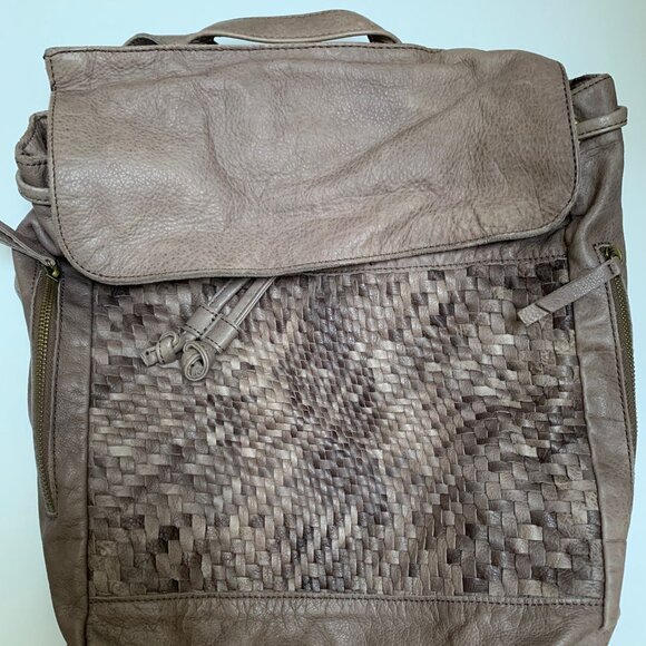 Margot Large Taupe Leather Woven Paneled Backpack - Picture 1 of 12